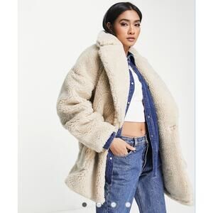 Asos TopShop Teddy Midi Coat with Patch Pockets in Cream